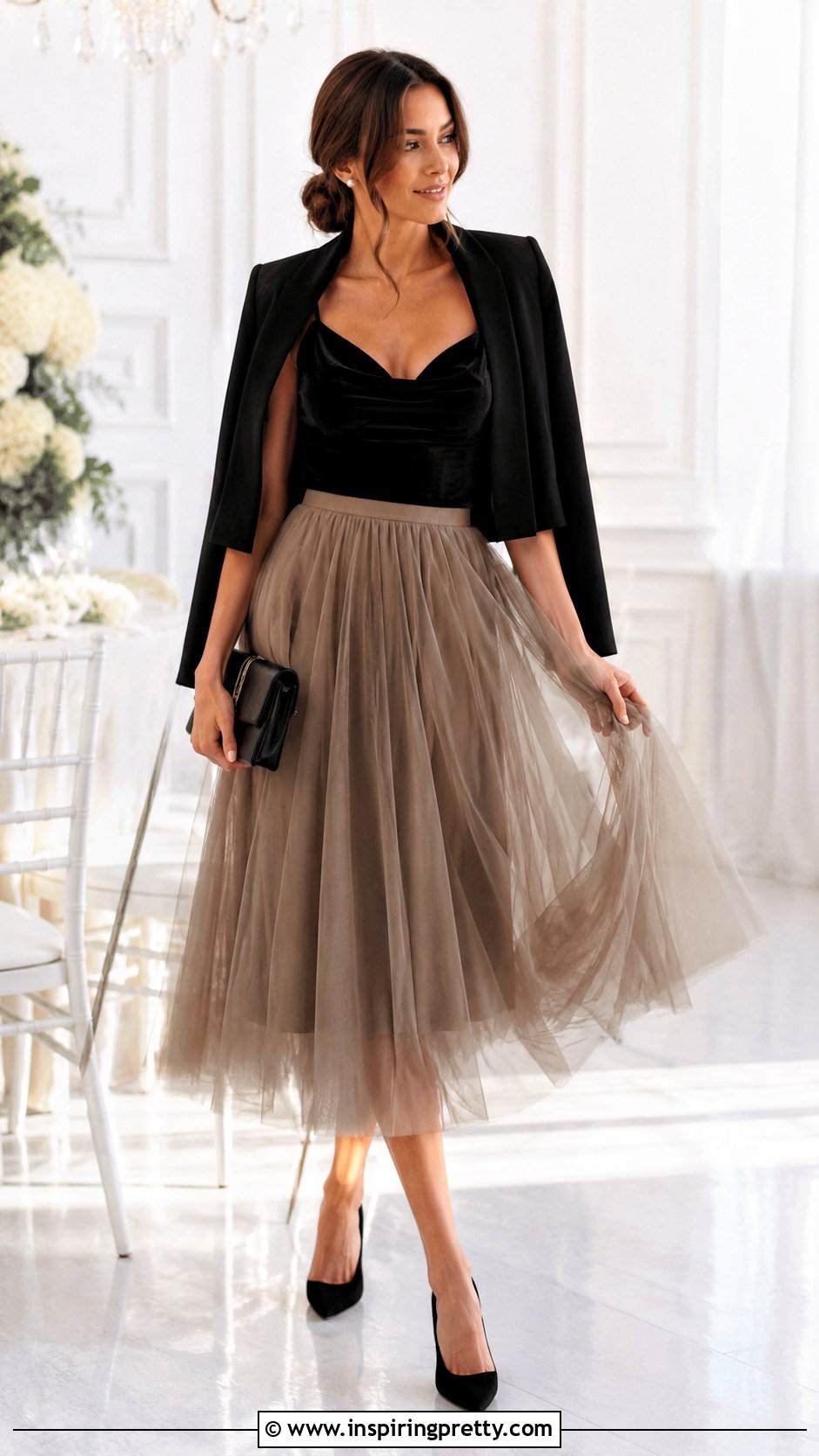 Black Velvet Cami Top With Tulle Midi Skirt - 20 black velvet cami top outfit ideas