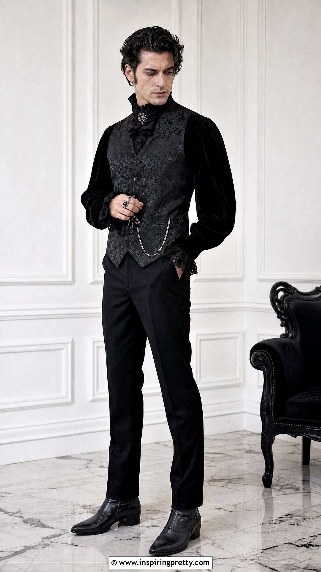 Black Velvet Goth Shirt With Brocade Vest - 25 goth tops men