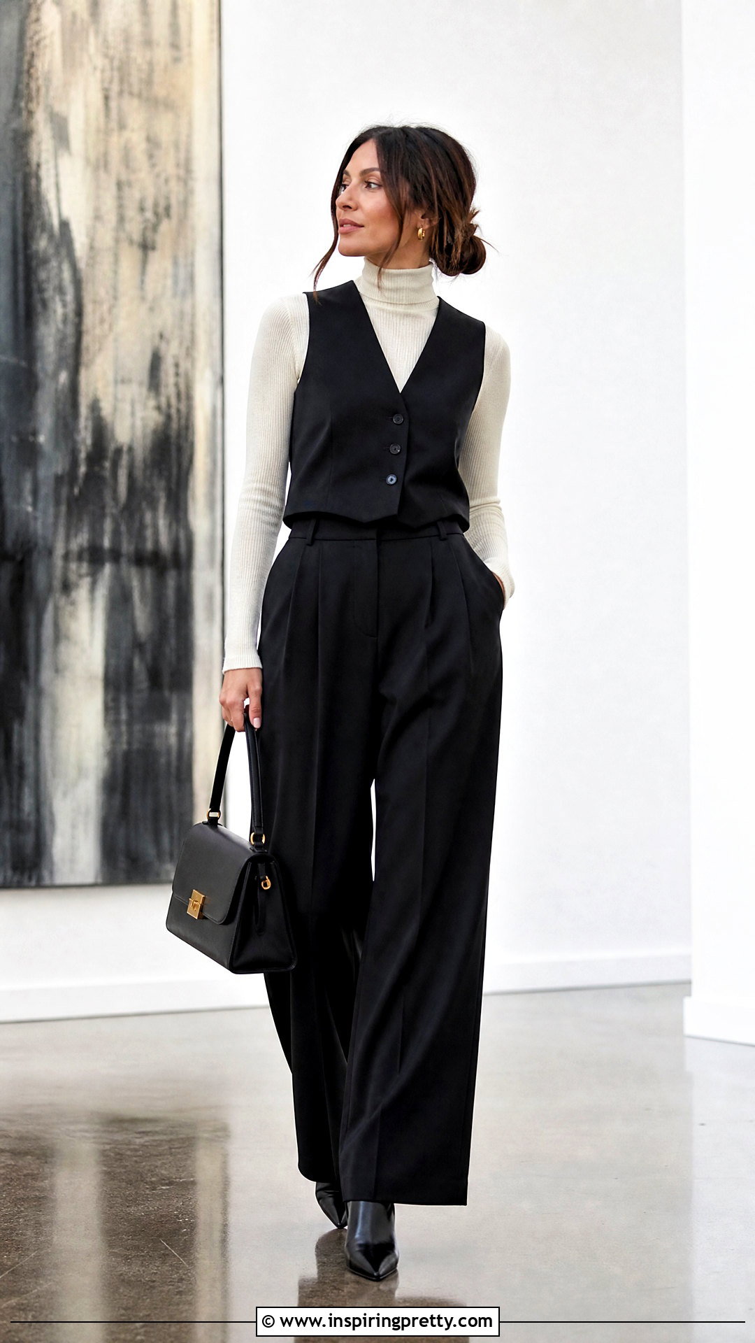 Black Vest Top Over A Fitted Turtleneck - 50 black vest top outfit ideas