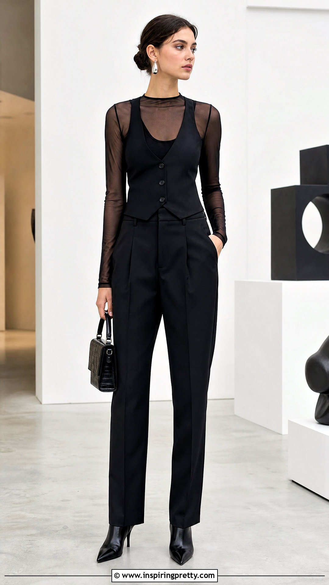 Black Vest Top Over A Mesh Long Sleeve Top - 50 black vest top outfit ideas