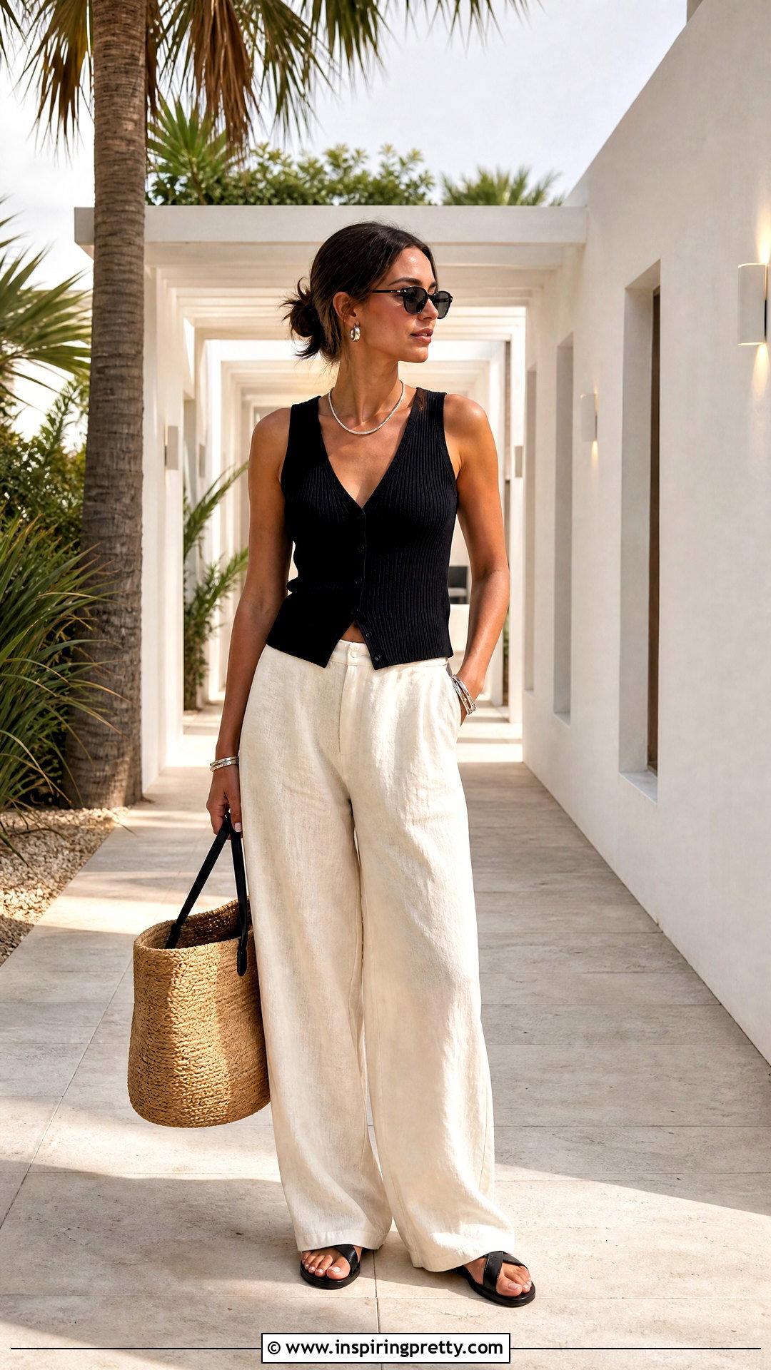 Black Vest Top With Linen Pants - 50 Vest Tops outfit ideas