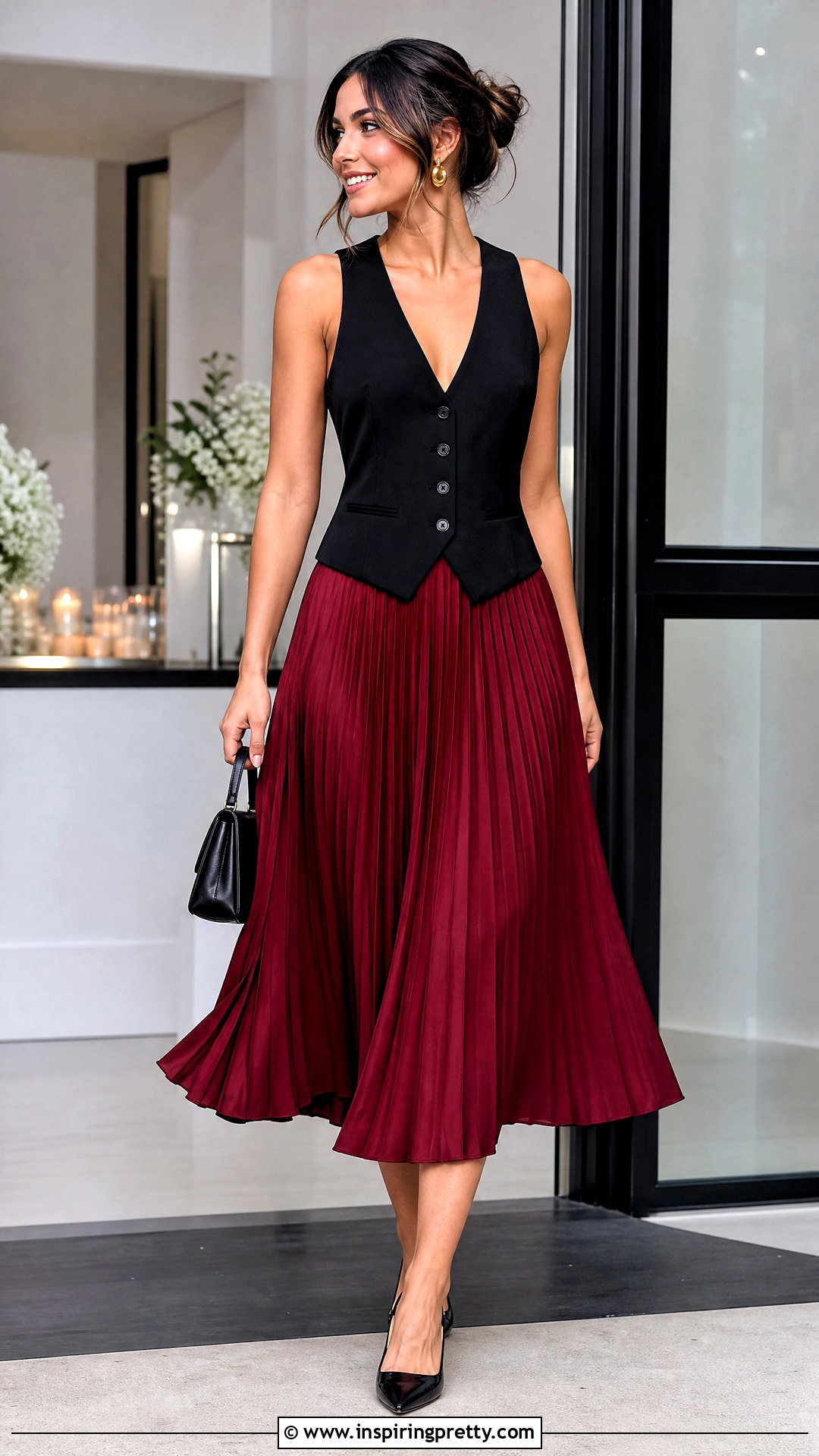 Black Vest Top With Red Midi Skirt - 50 black vest top outfit ideas