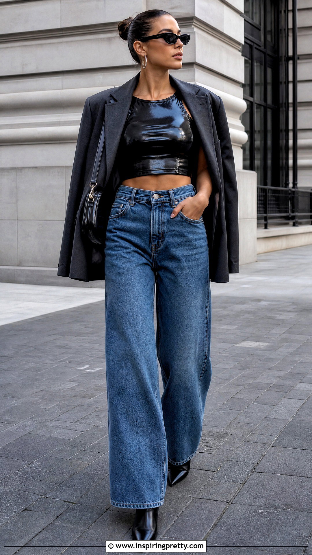 Black Vinyl Crop Top With Wide Leg Jeans - 25 Vinyl Crop Top outfit ideas