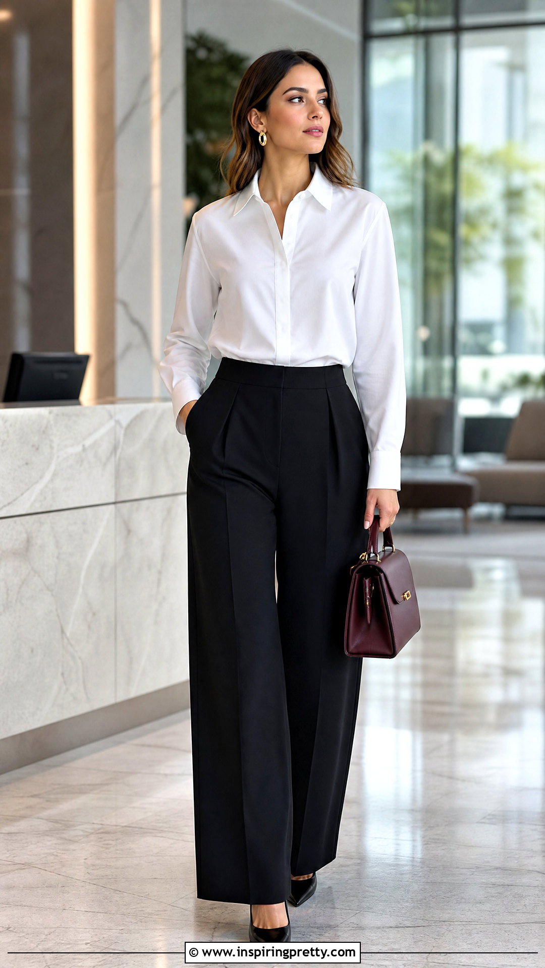 Black Wide Leg Pants And White Button Down Shirt - 50 pants and top outfit classy ideas