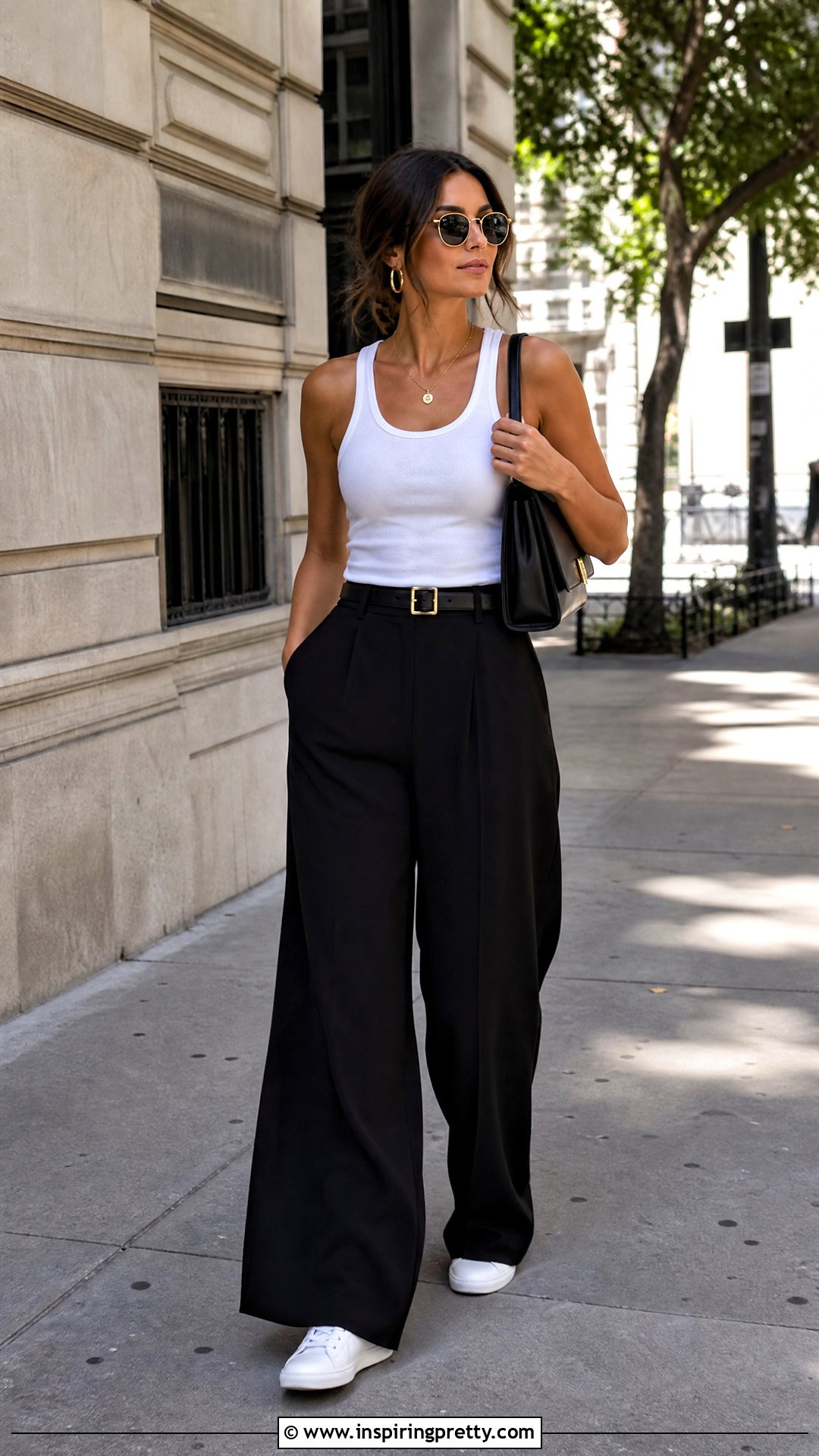 Black Wide Leg Trouser And White Tank Top Outfit - 50 Trouser And Top outfit ideas