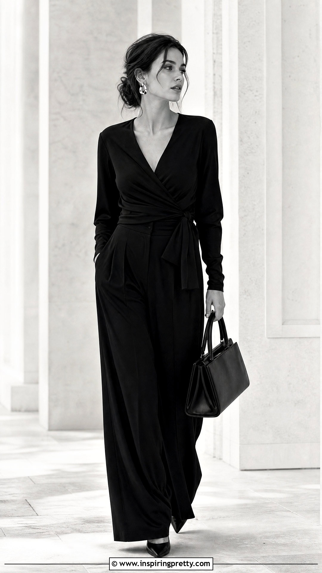 Black Wrap Around Top With Black Wide Leg Pants - 50 wrap around top outfit ideas
