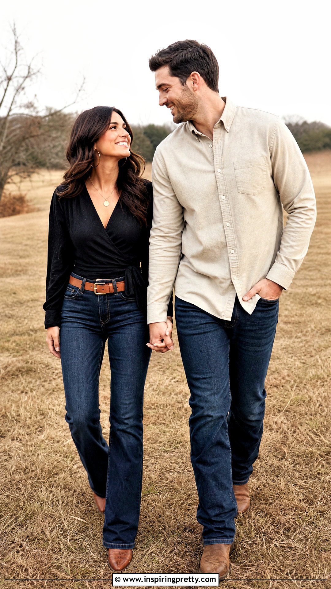 Black Wrap Top And Bootcut Jeans Engagement Outfit - 25 black top and jeans engagement photos
