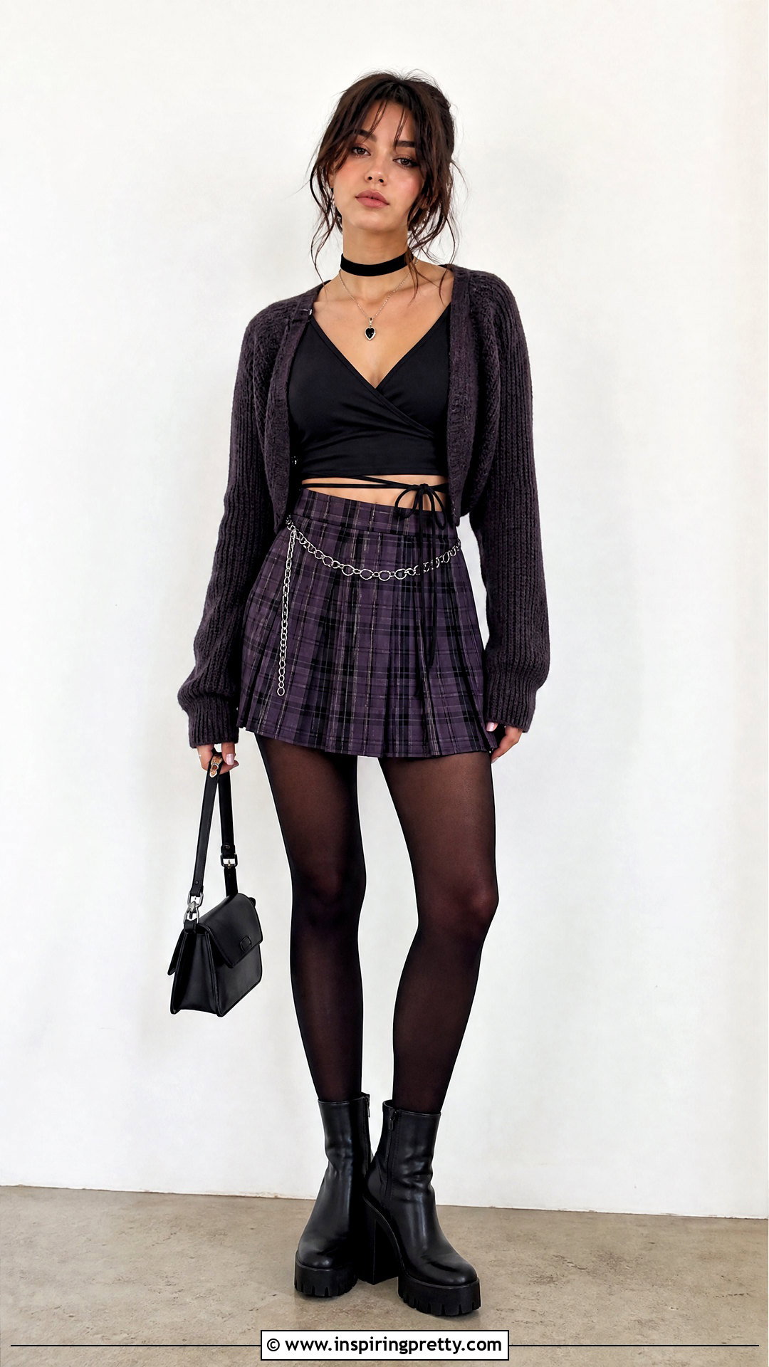 Black Wrap Top And Plaid Skirt Emo Outfit - 50 emo top outfit ideas