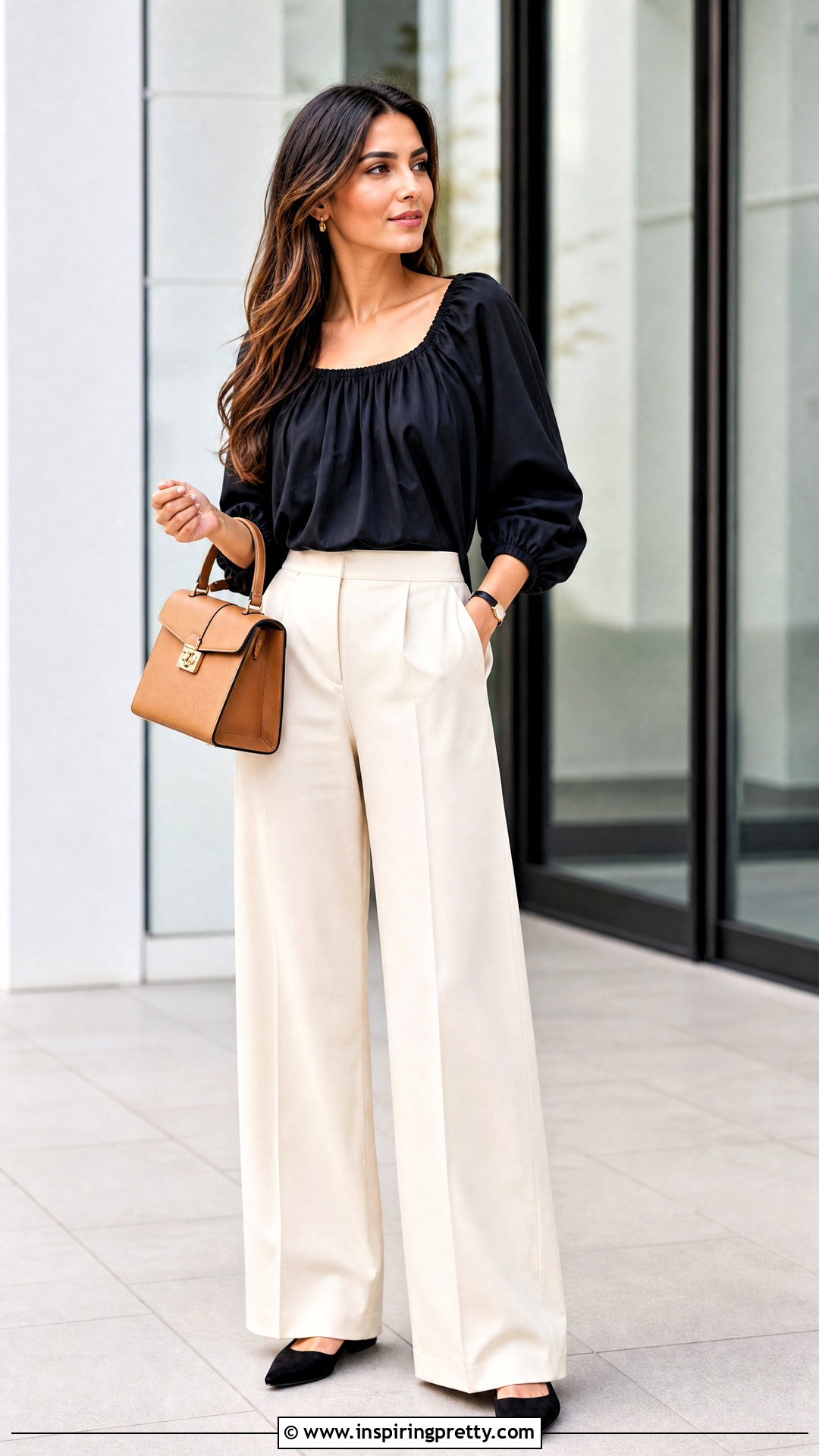 Black Zara Peasant Top With Cream Trousers - 20 zara peasant top outfit ideas