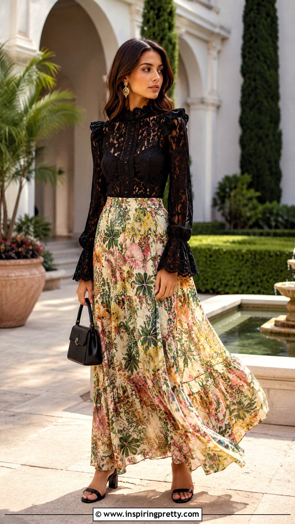 Black Zimmermann Lace Top With Printed Maxi Skirt - 20 zimmermann lace top outfit ideas