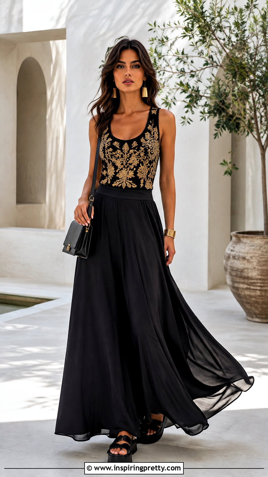 Black and Gold Tank Top With Black Maxi Skirt - 25 black and gold tank top outfit ideas