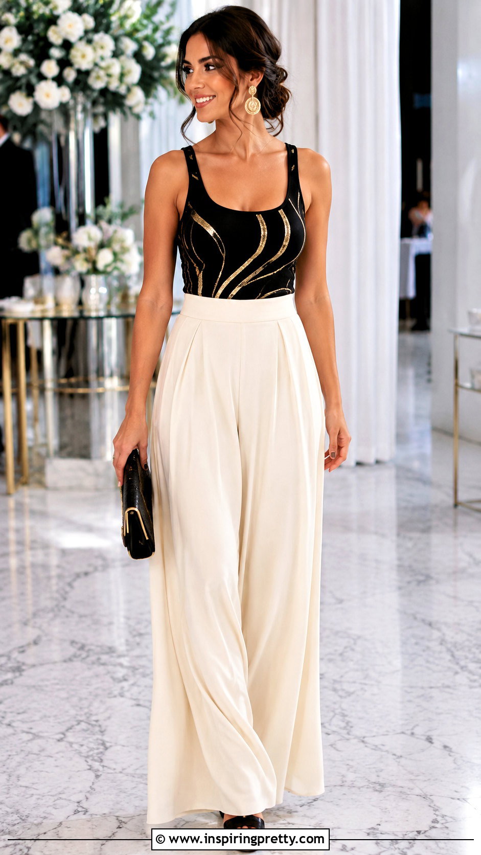 Black and Gold Tank Top With Palazzo Pants - 25 black and gold tank top outfit ideas