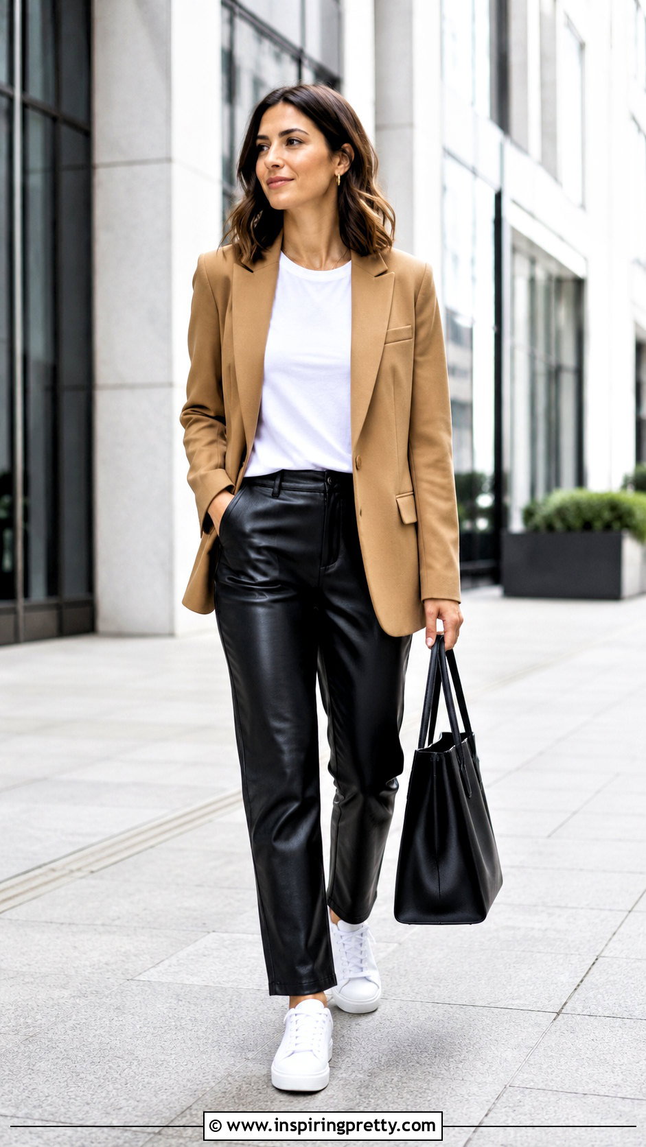 Blazer And T Shirt With Black Leather Pants And Sneakers - what top to wear with black leather pants (25 ways)
