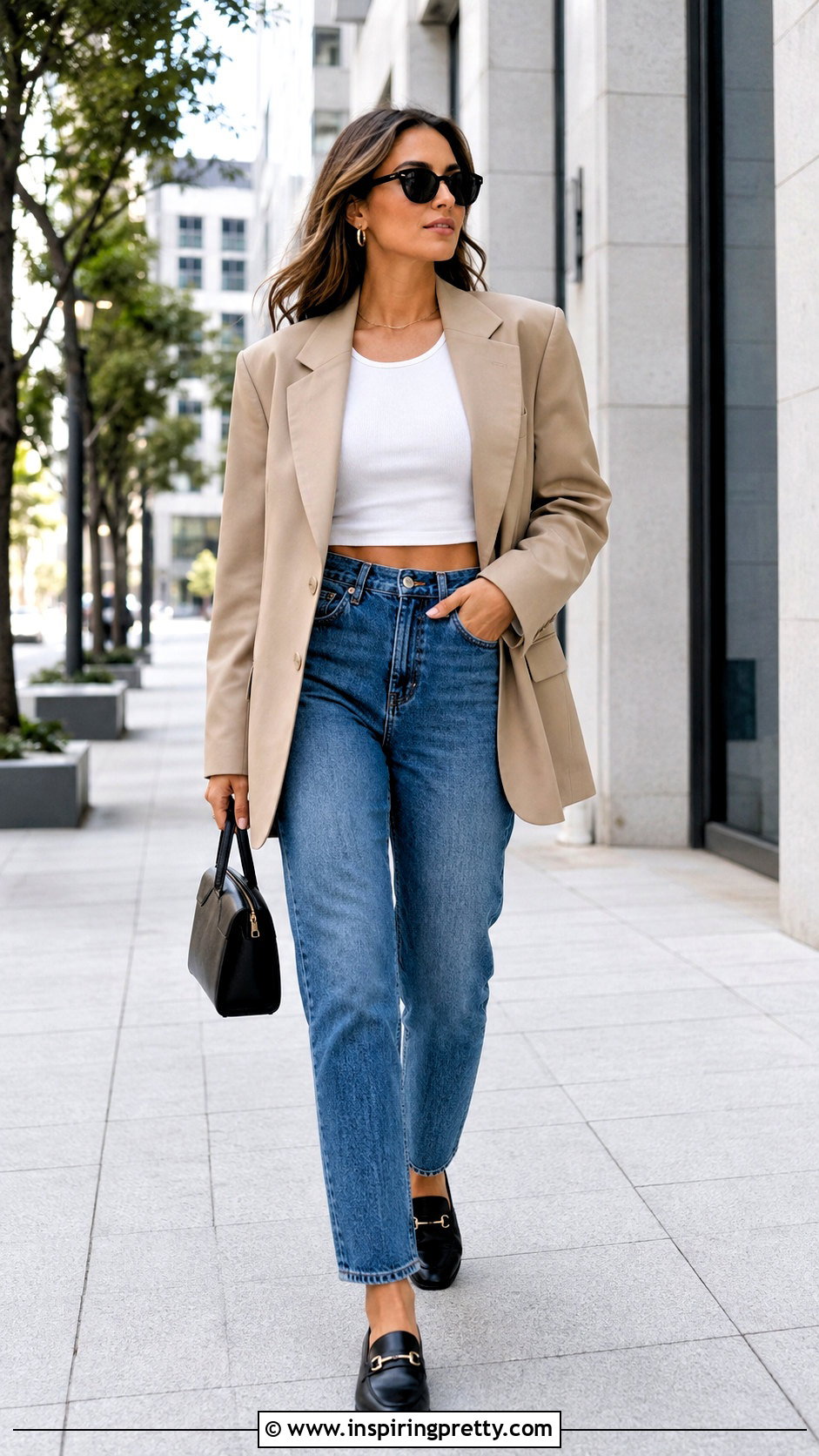 Blazer With Short Crop Tank And Jeans - 50 short crop tops outfit ideas