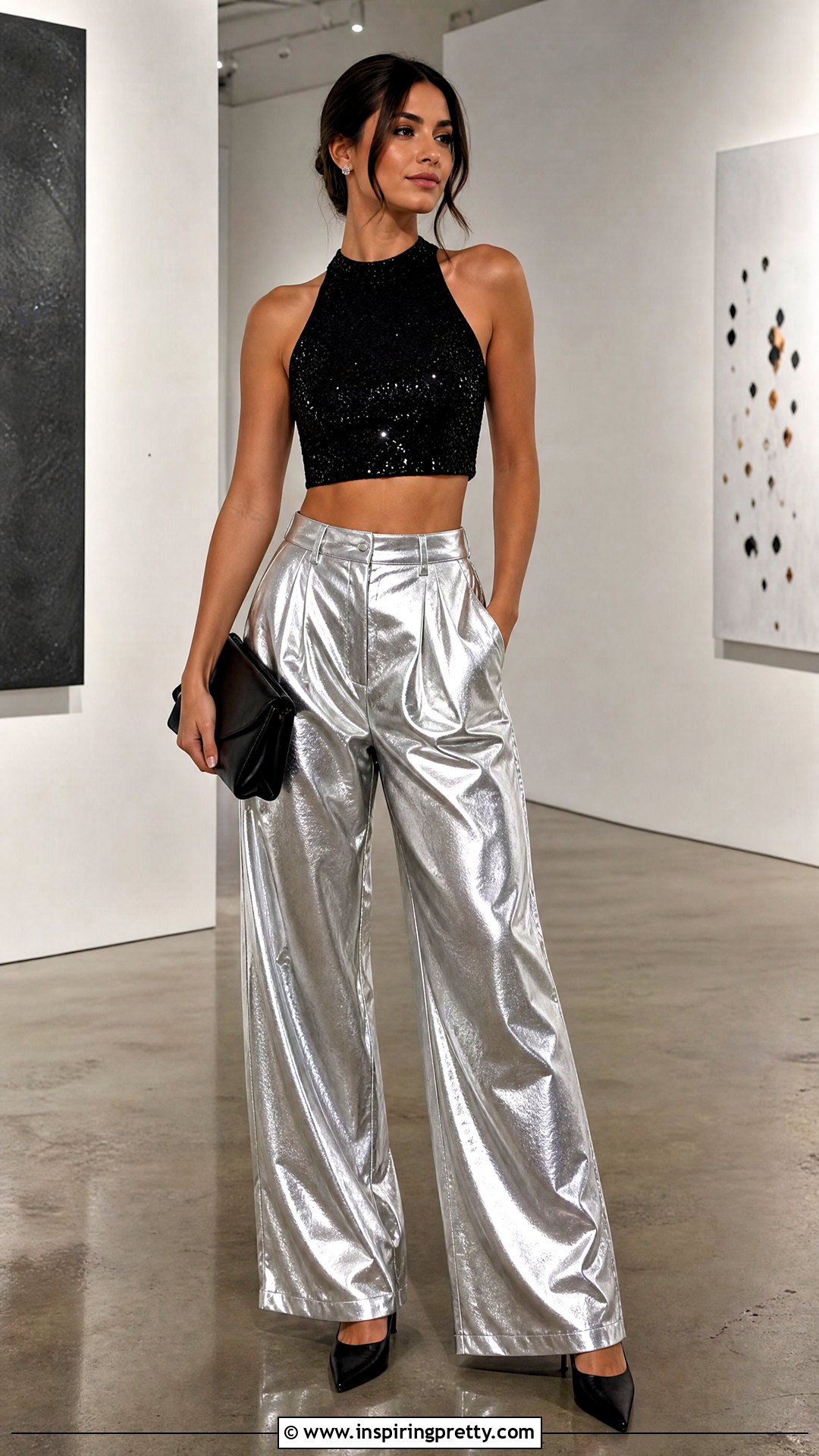 Bling Crop Top With Metallic Pants - 25 Bling Crop Top outfit ideas