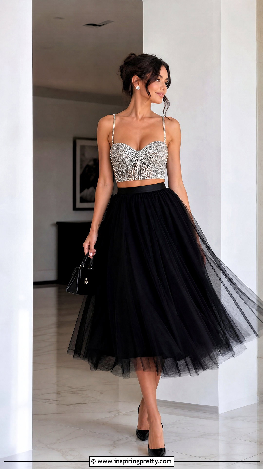 Bling Crop Top With Tulle Midi Skirt - 25 Bling Crop Top outfit ideas