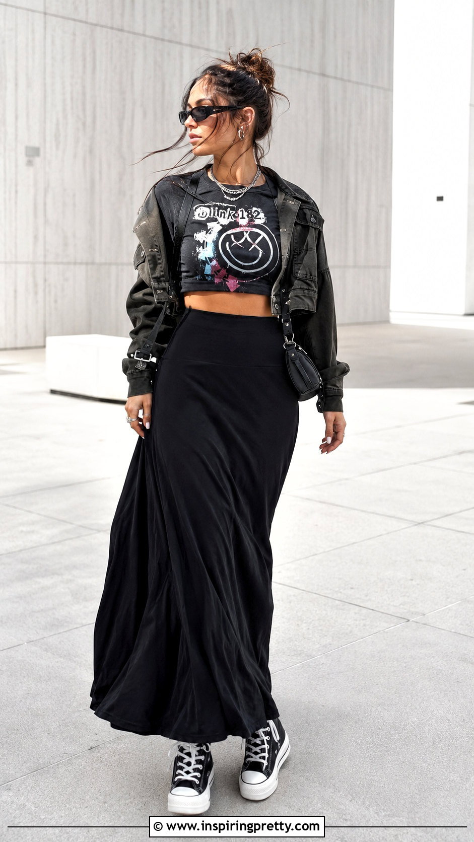 Blink Crop Top With Black Maxi Skirt - 20 Blink 182 Crop Top outfit ideas