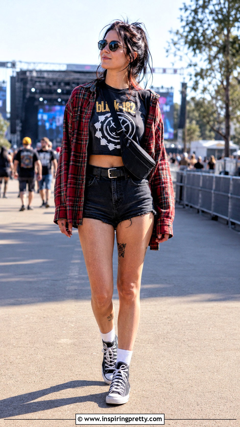 Blink Crop Top With Denim Shorts And Flannel - 20 Blink 182 Crop Top outfit ideas