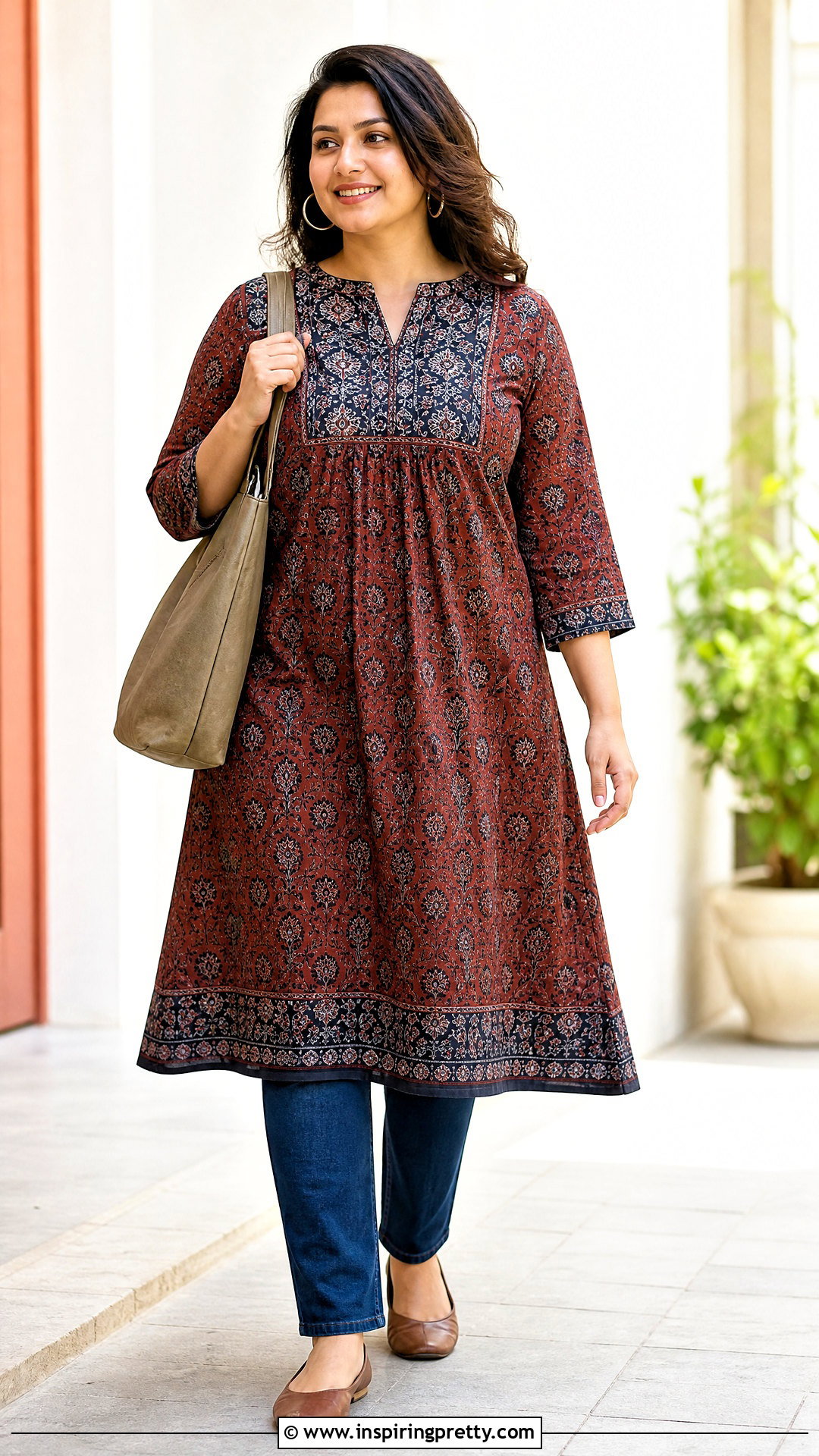 Block Print A Line Kurti With Straight Jeans - 50 jeans tops indian styles