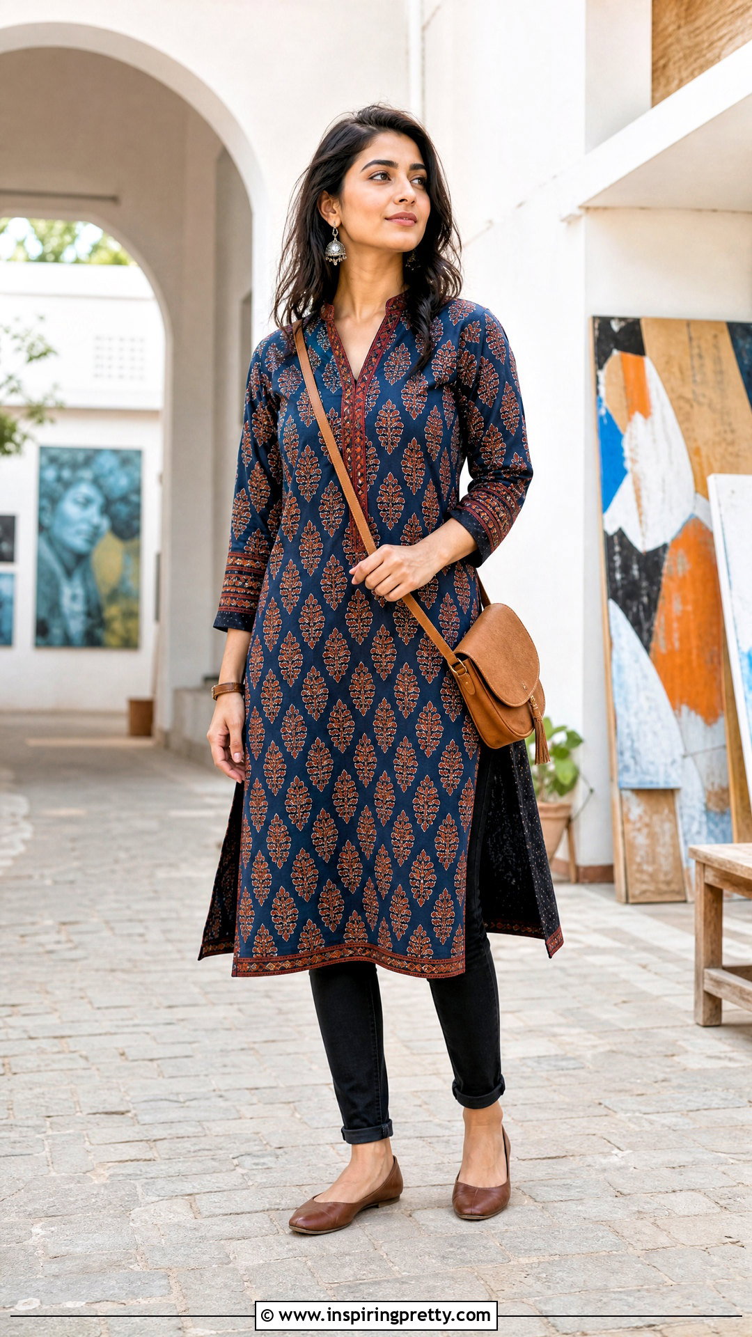 Block Print Cotton Tunic With Slim Jeans - 50 cotton tops designs for jeans