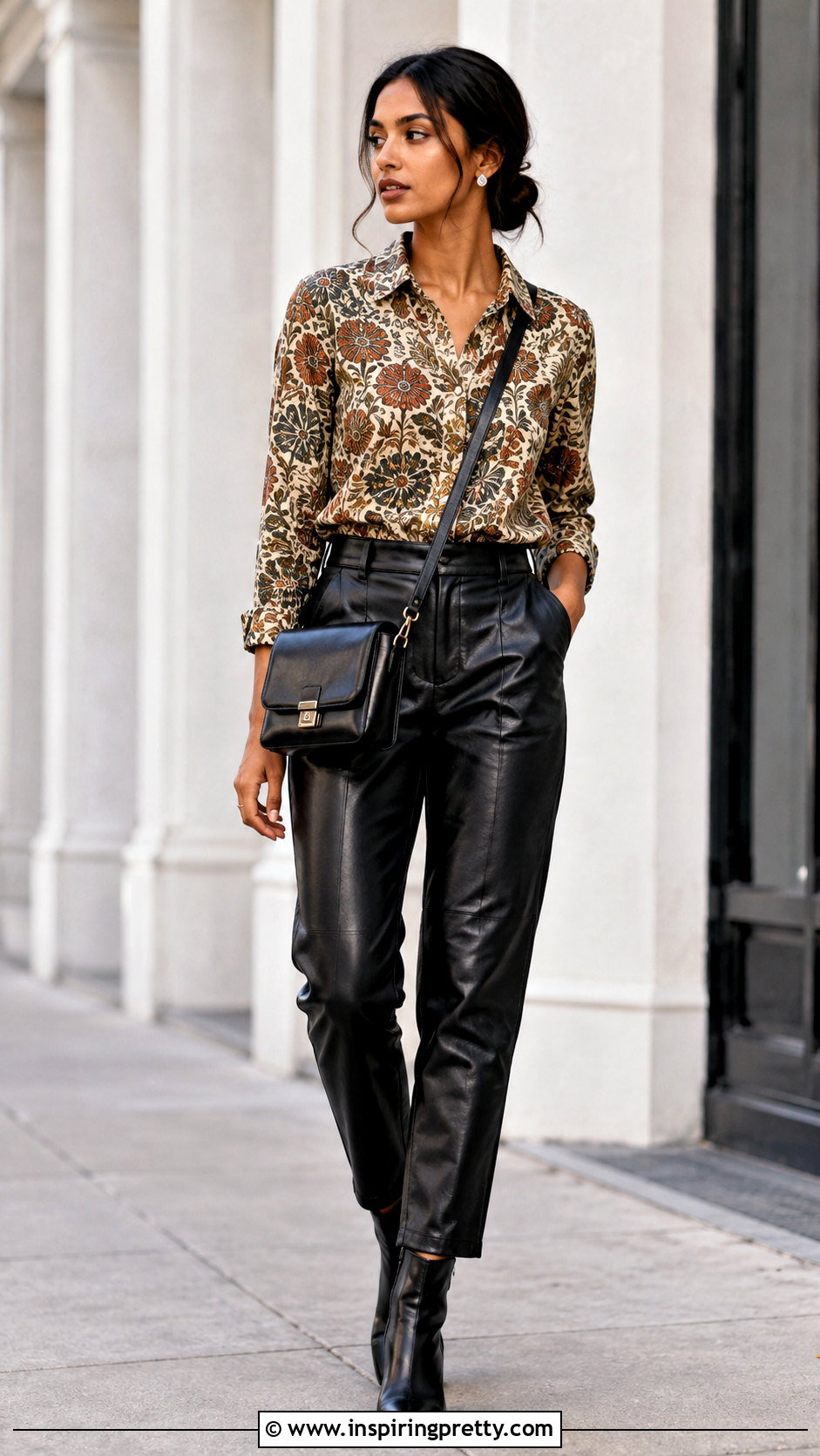 Block Print Shirt Top With Leather Look Pants - 50 Indo Western Tops outfit ideas