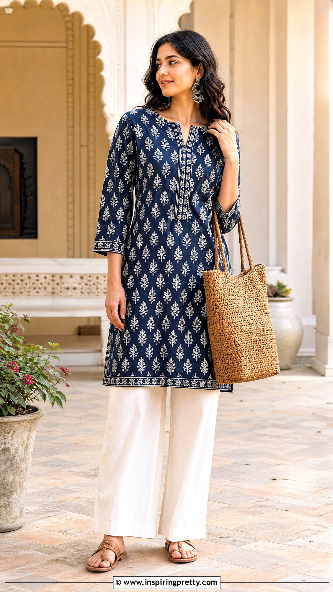 Block Print Short Kurtha Top With White Palazzo Pants - 20 Short Kurtha Tops For Women