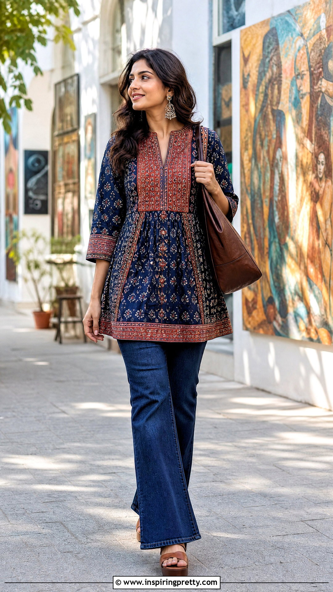Block Print Short Kurti With Flared Jeans - 50 short kurti top outfit ideas