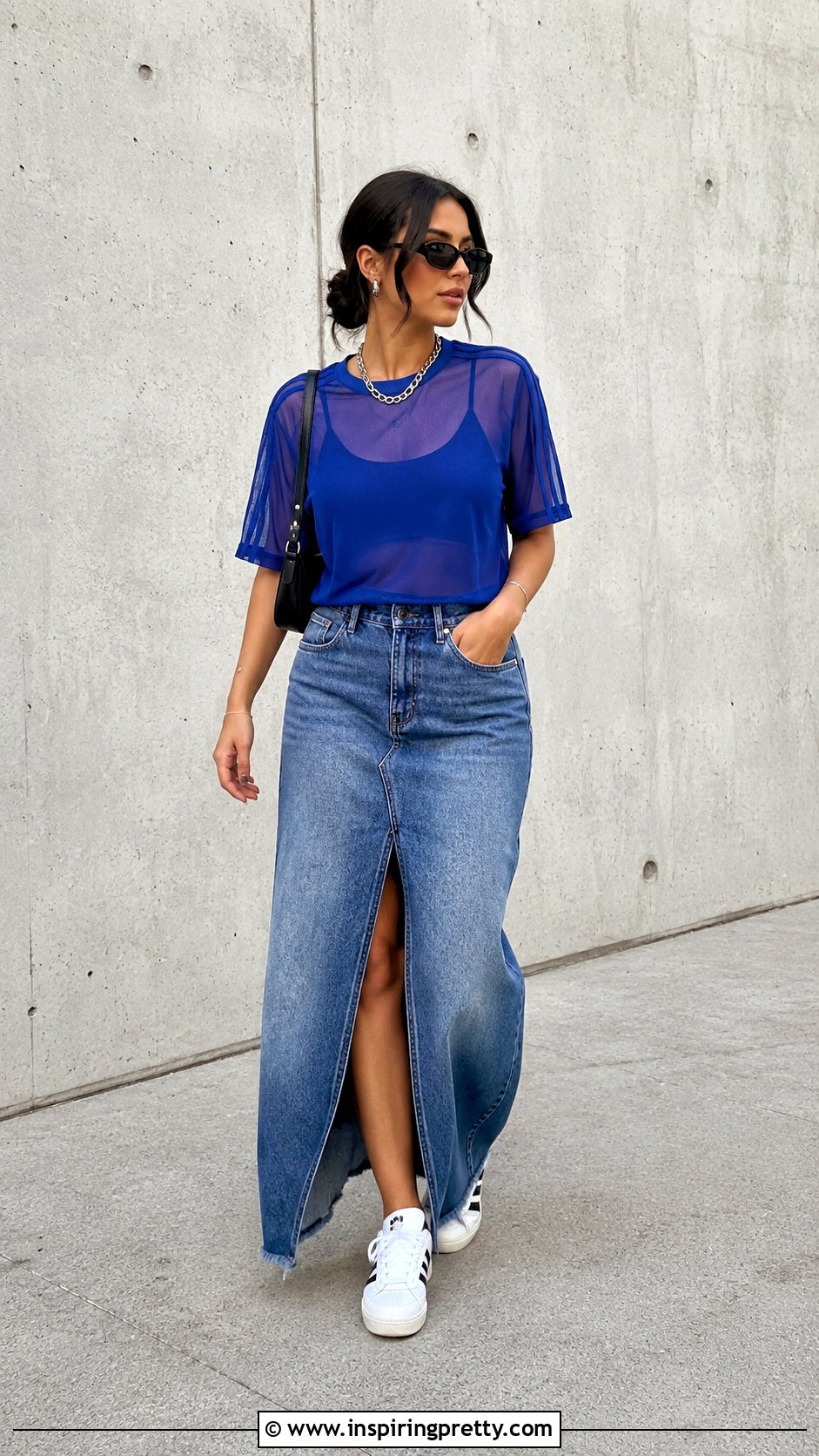 Blue Adidas Sheer Top With Denim Maxi Skirt - 20 Adidas Sheer Tops