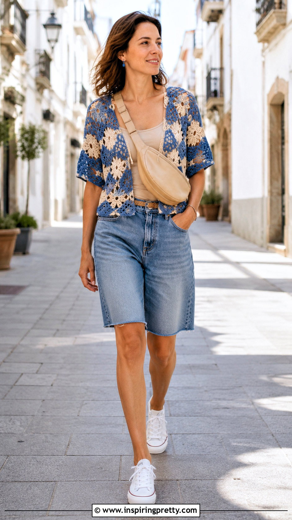 Blue And Beige Crochet Top With Denim Bermuda Shorts - 20 Blue And Beige Crochet Top outfit ideas