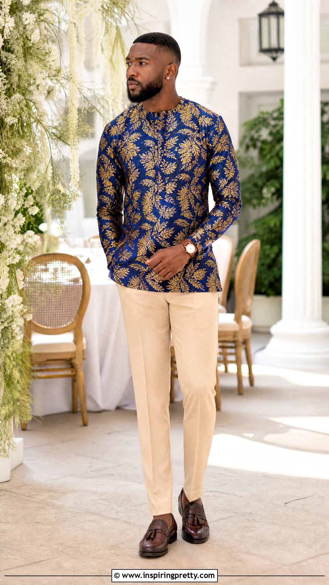 Blue And Gold Ankara Top With Beige Pants - 50 ankara top for men outfit ideas