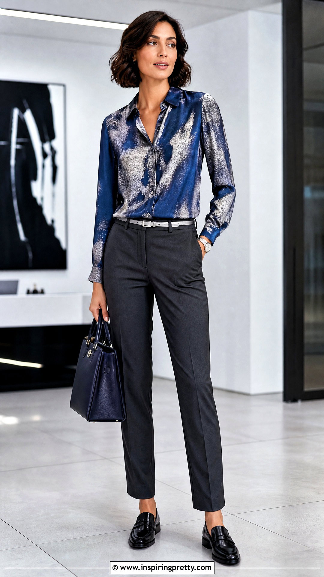 Blue And Silver Button Down Top With Gray Trousers - 25 blue and silver top outfit ideas