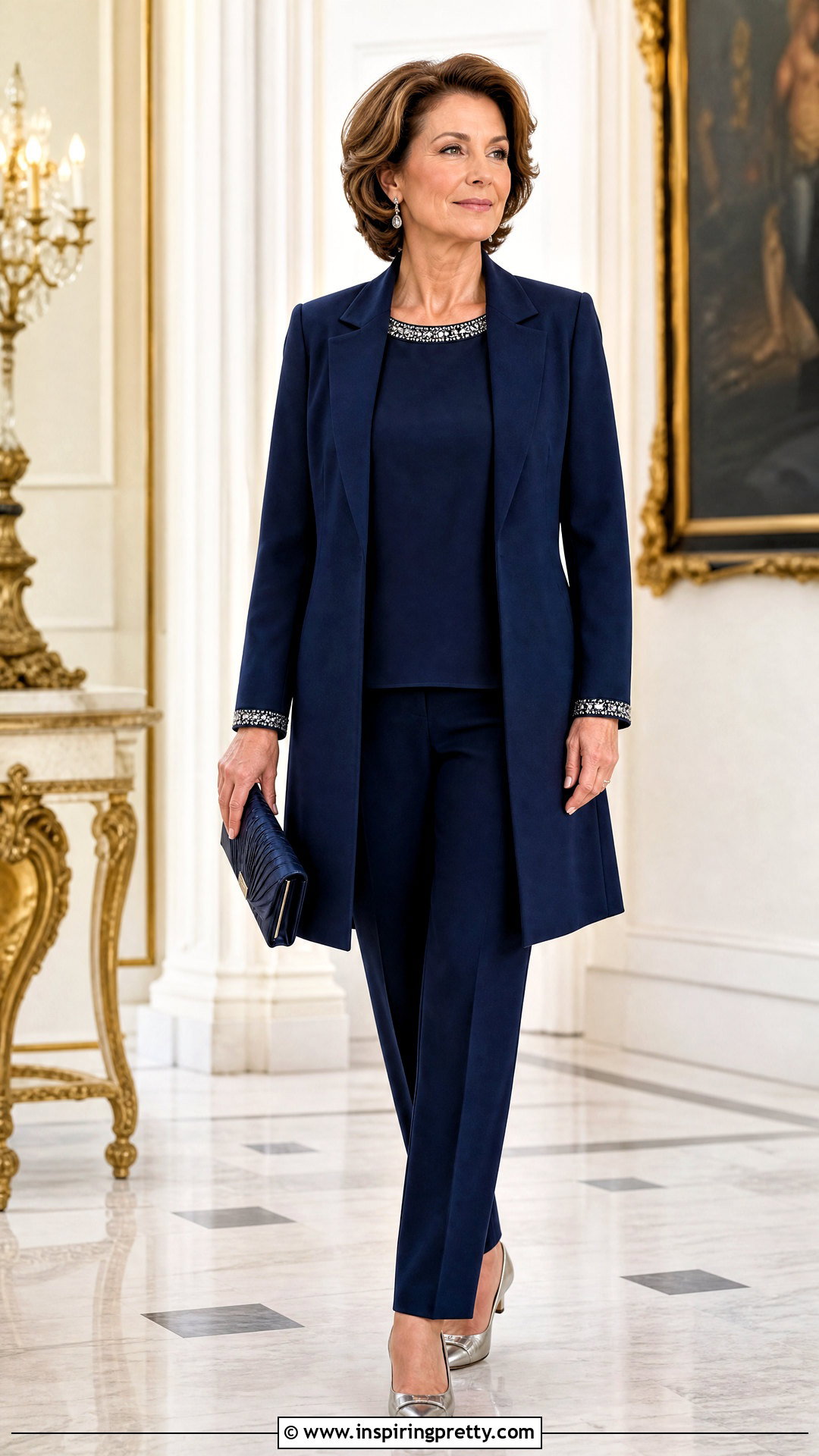 Blue And Silver Embellished Top With Navy Trousers - 25 blue and silver top outfit ideas