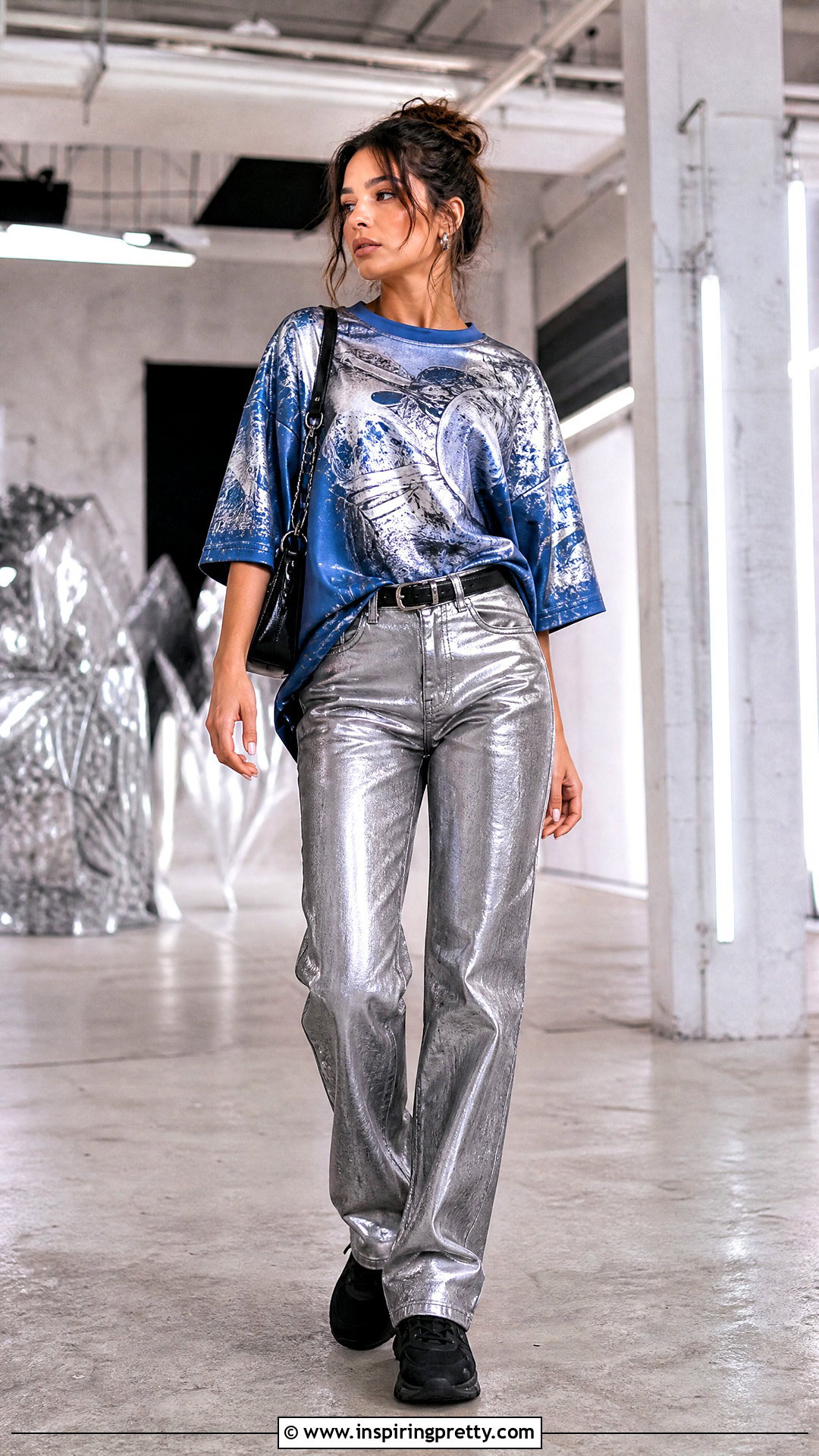 Blue And Silver Graphic Top With Metallic Jeans - 25 blue and silver top outfit ideas