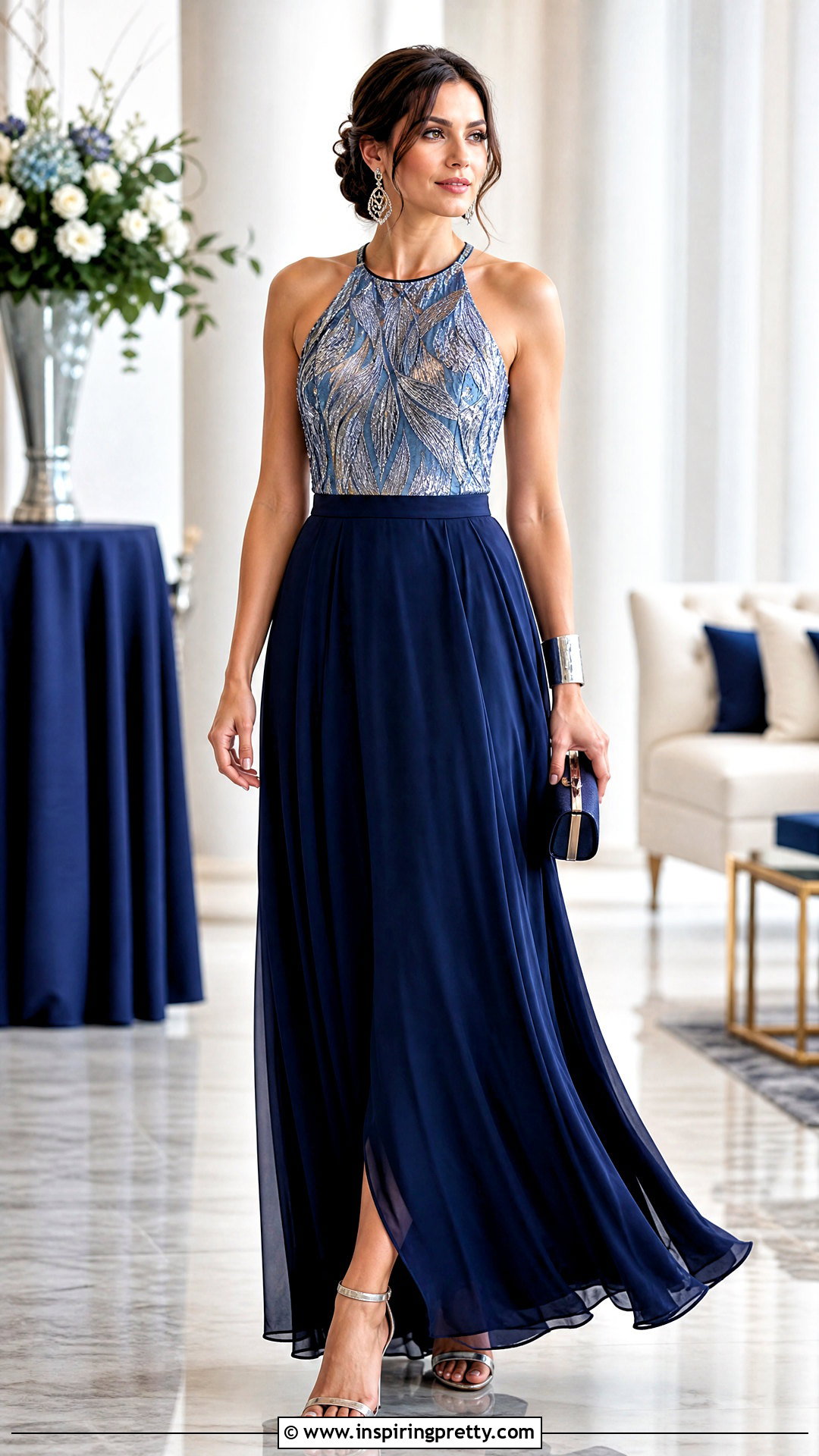 Blue And Silver Halter Top With Navy Maxi Skirt - 25 blue and silver top outfit ideas
