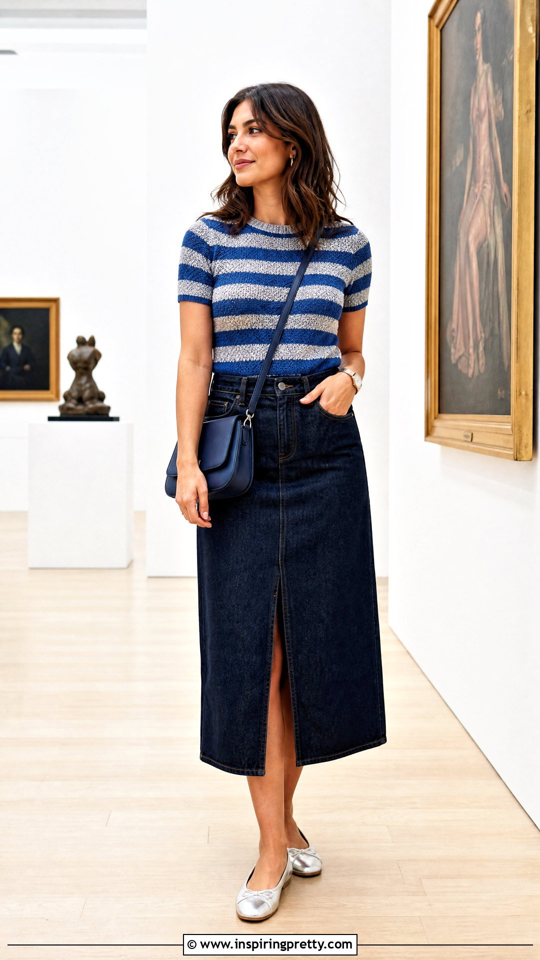 Blue And Silver Striped Knit Top With Denim Skirt - 25 blue and silver top outfit ideas