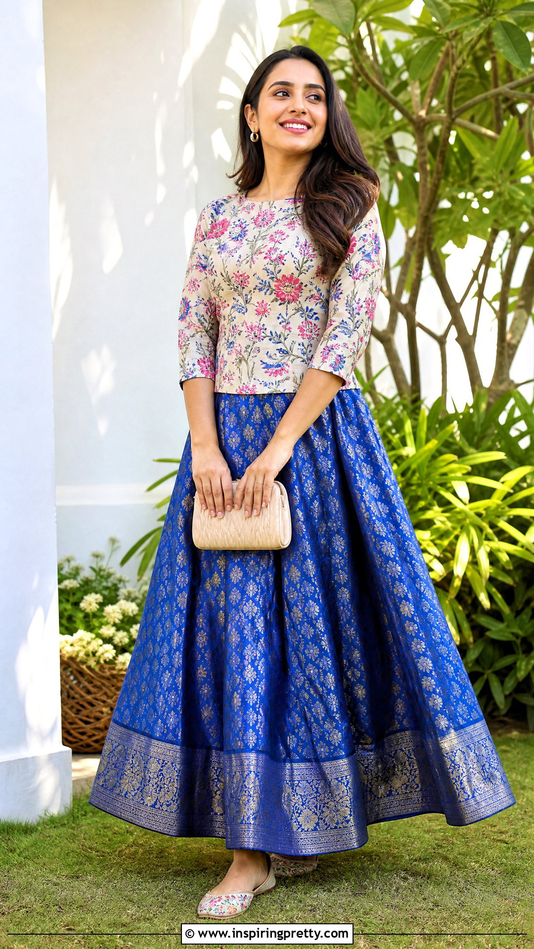 Blue Banarasi Skirt With Floral Printed Top - 50 banarasi skirt and top outfit ideas
