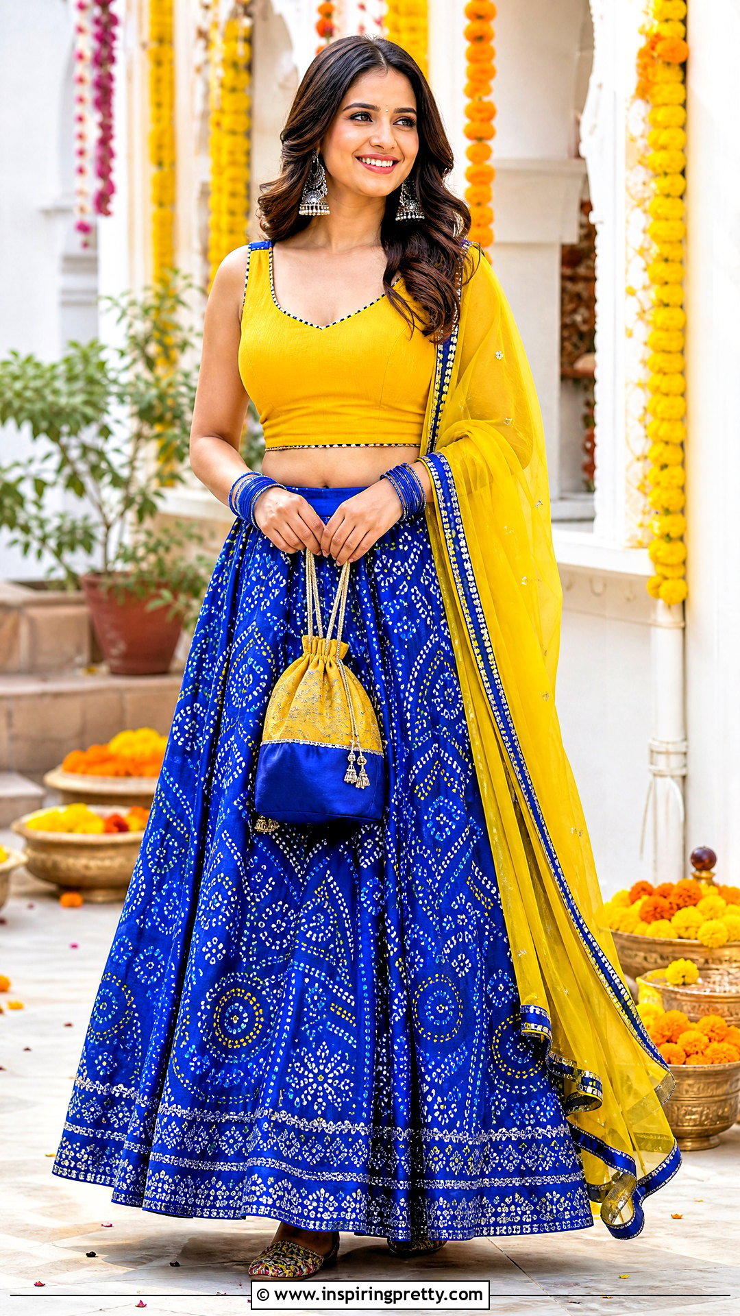 Blue Bandhani Skirt With Yellow Top - 50 skirt top indian outfit ideas