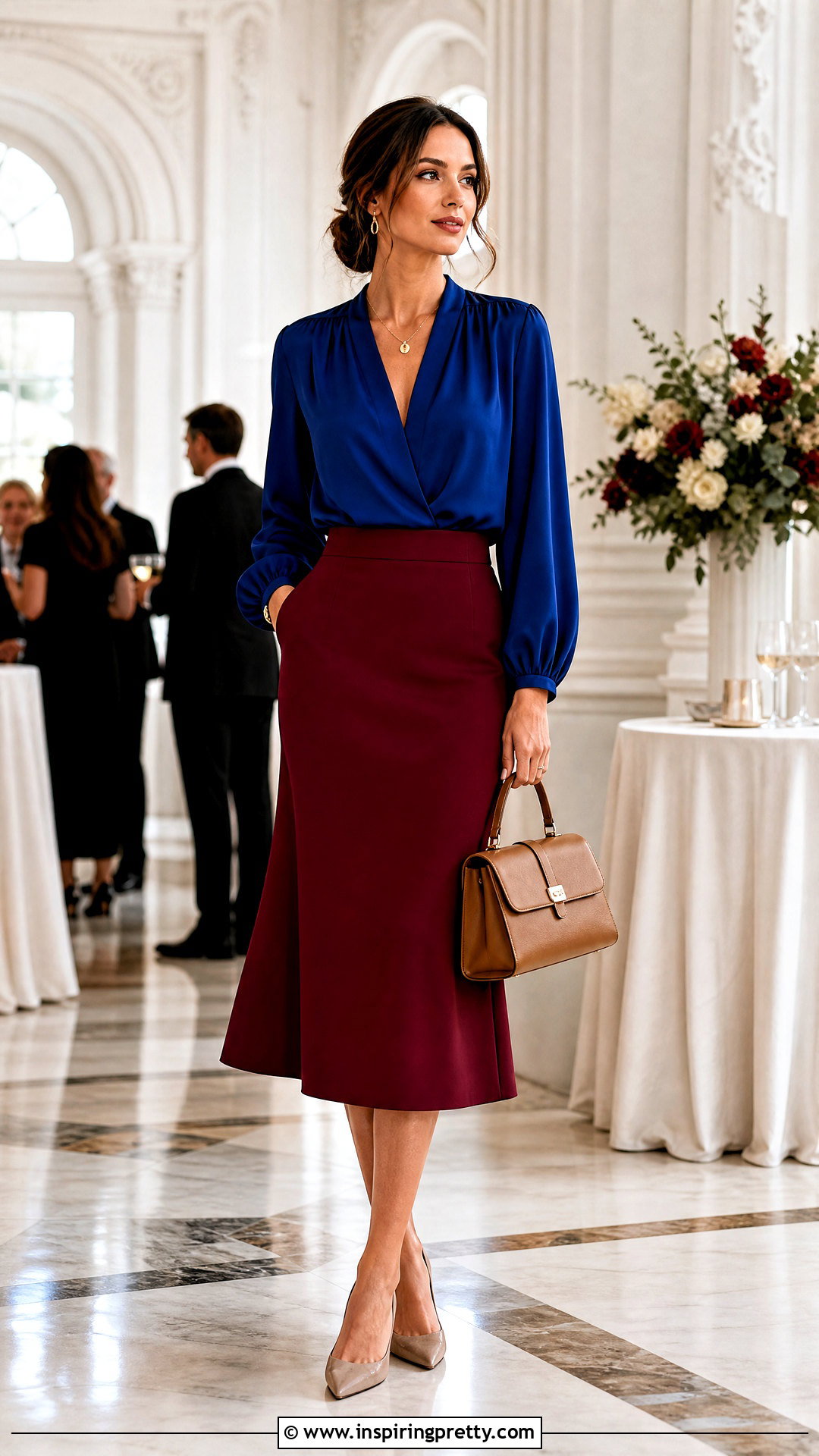Blue Blouse With a Red Midi Skirt - 50 blue top outfit ideas