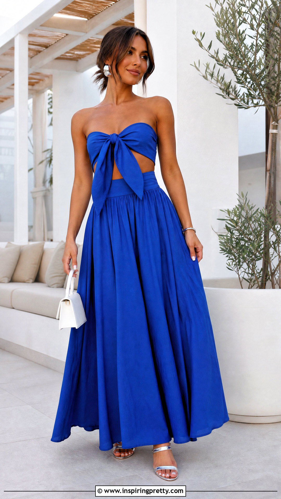 Blue Bow Bandeau Top With Matching Maxi Skirt - 25 bow bandeau top outfit ideas