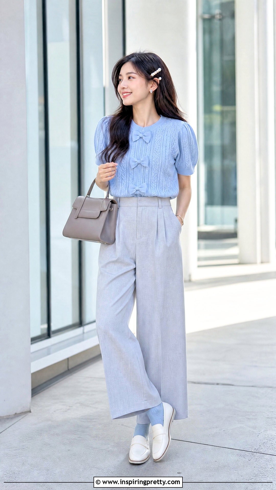 Blue Bow Cutecore Top With Gray Trousers - 50 Cutecore Top outfit ideas