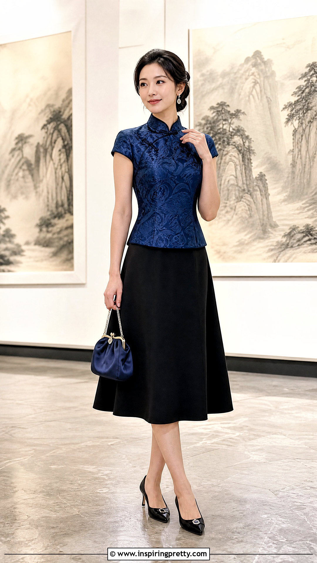 Blue Brocade Chinese Top With Black Midi Skirt - 50 chinese top outfit ideas