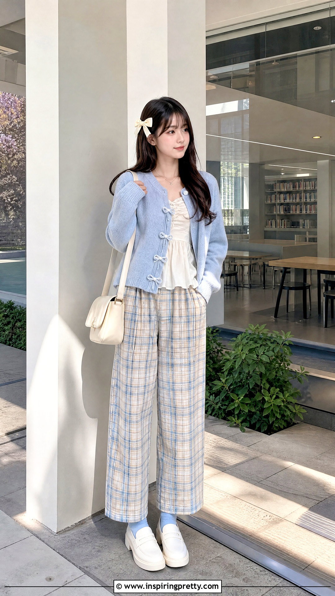 Blue Cardigan Cutecore Top With Plaid Pants - 50 Cutecore Top outfit ideas