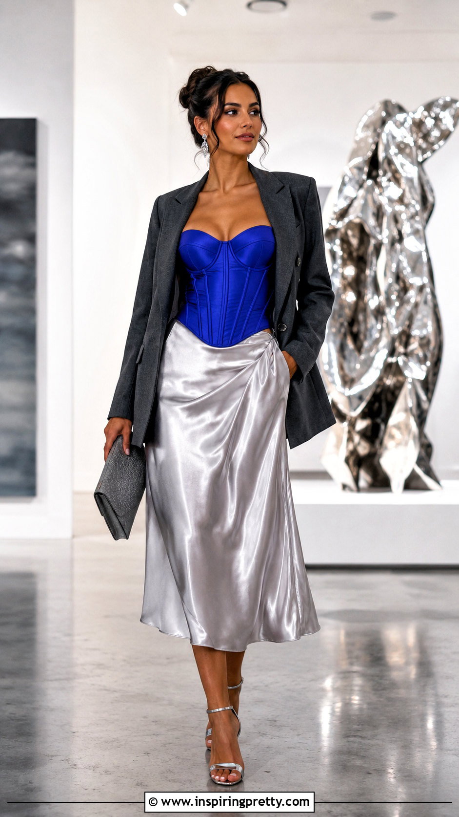 Blue Corset Top And Silver Midi Skirt - 50 corset top and skirt outfit ideas