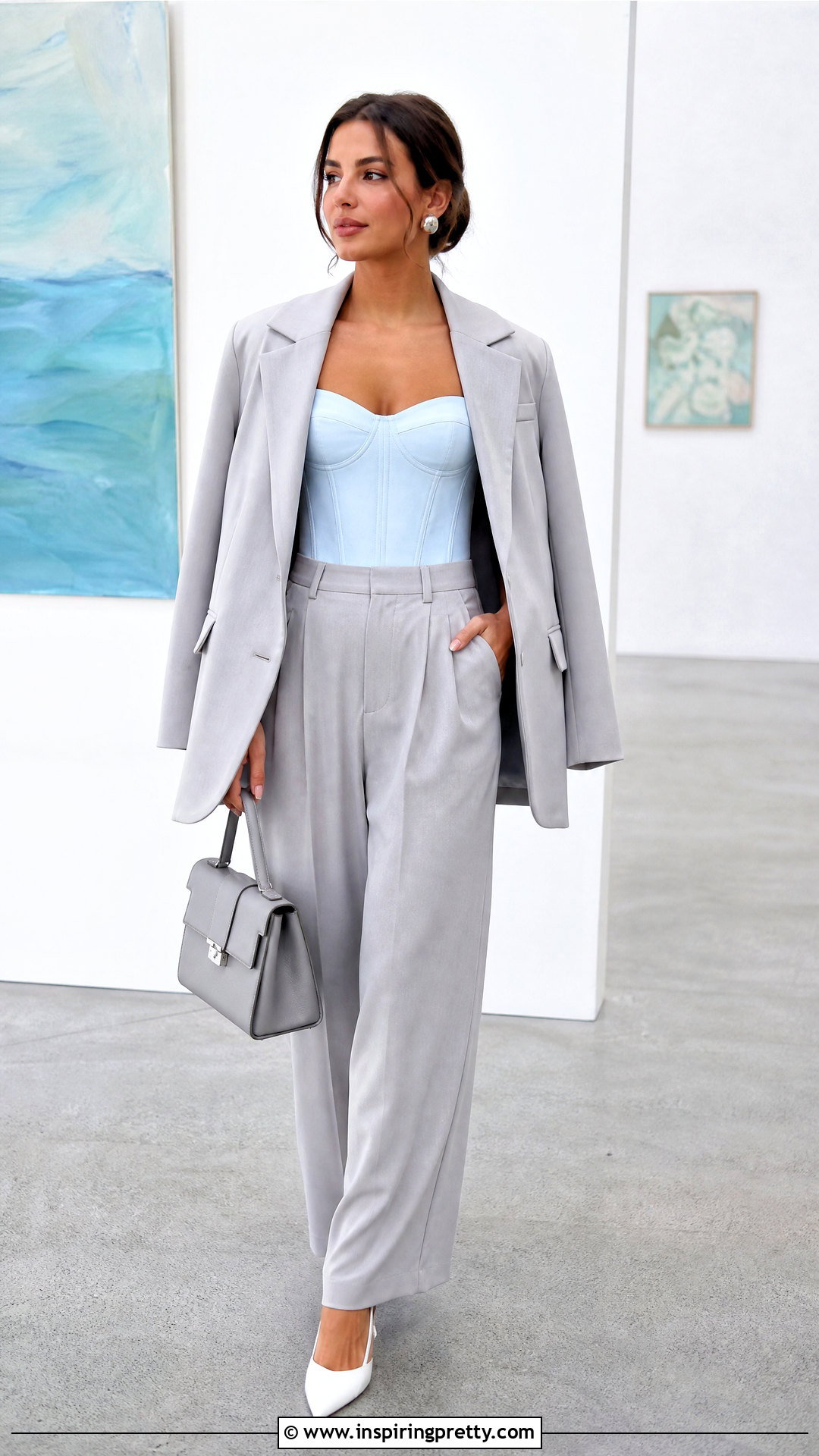 Blue Corset Top With Gray Trousers - 50 corset top and trousers outfit ideas