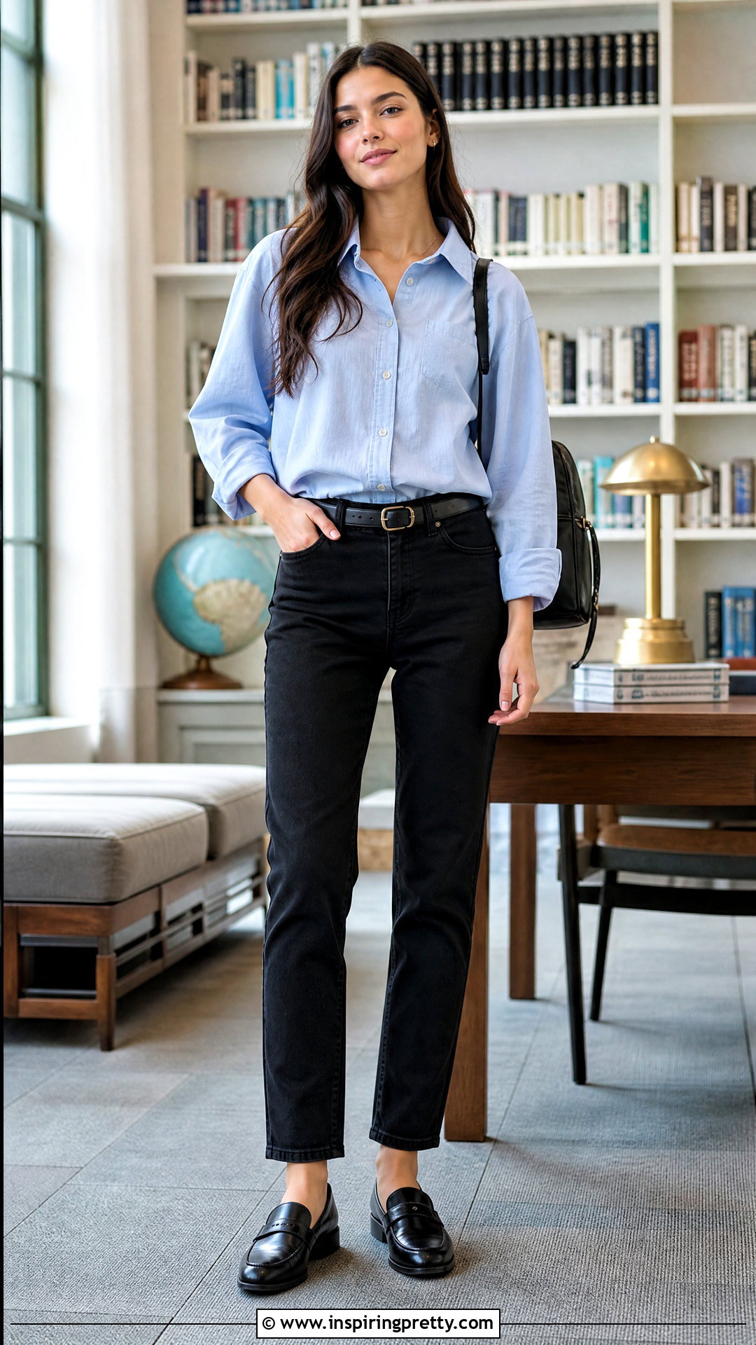 Blue Cotton Button Down Top With Black Jeans - 25 Girls Cotton Top Design For Jeans