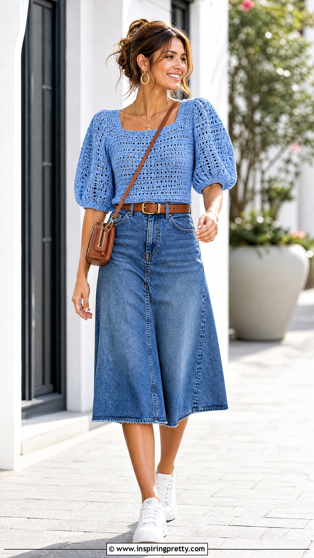 Blue Crochet Puffy Sleeve Top With Denim Midi Skirt - 20 puffy sleeve top tutorial crochet outfit ideas