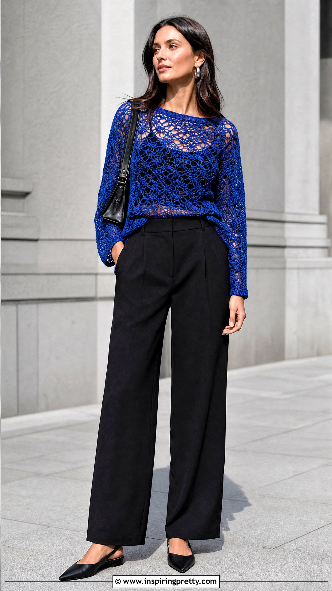 Blue Crochet Top With Black Trousers - 50 blue crochet top outfit ideas