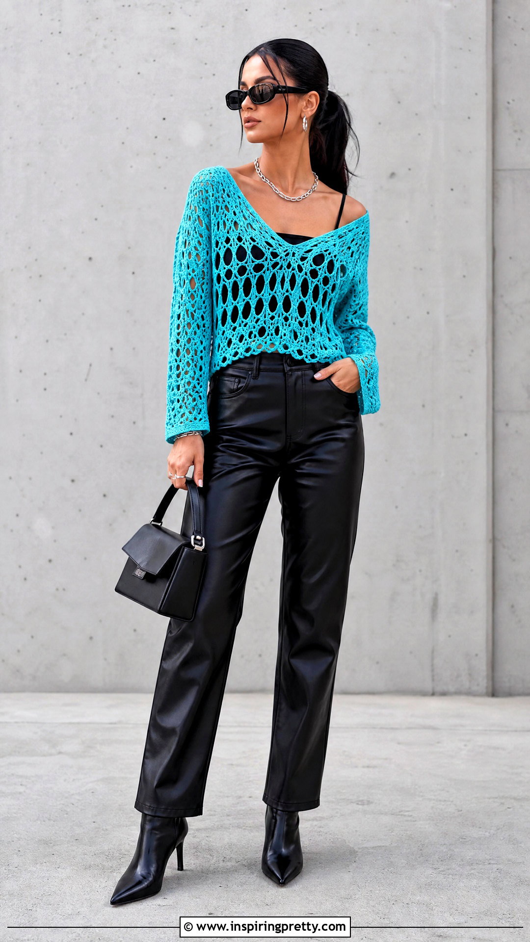 Blue Crochet Top With Leather Pants - 50 blue crochet top outfit ideas