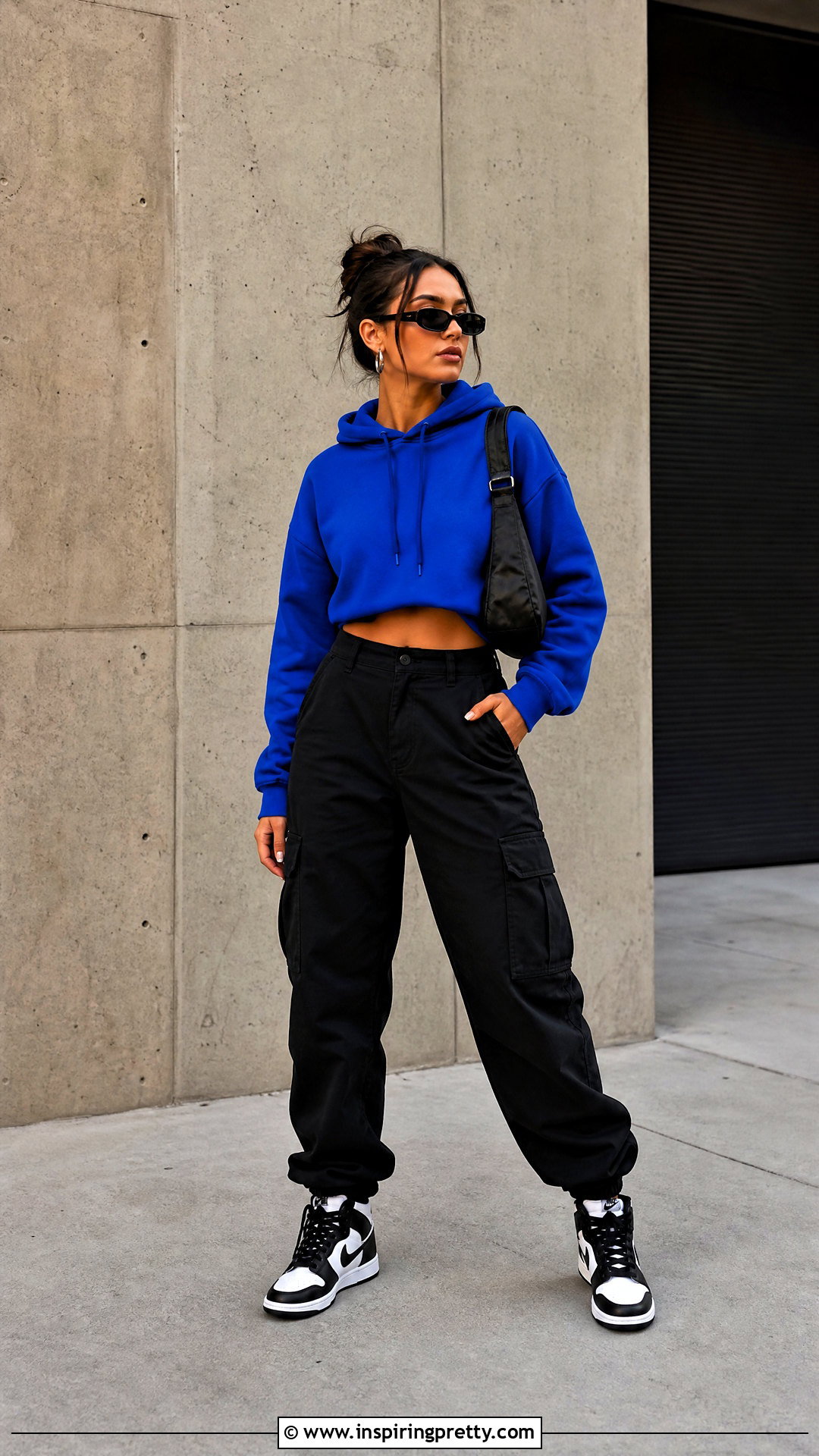 Blue Crop Hoodie With Black Cargo Pants - 25 blue crop top hoodie outfit ideas