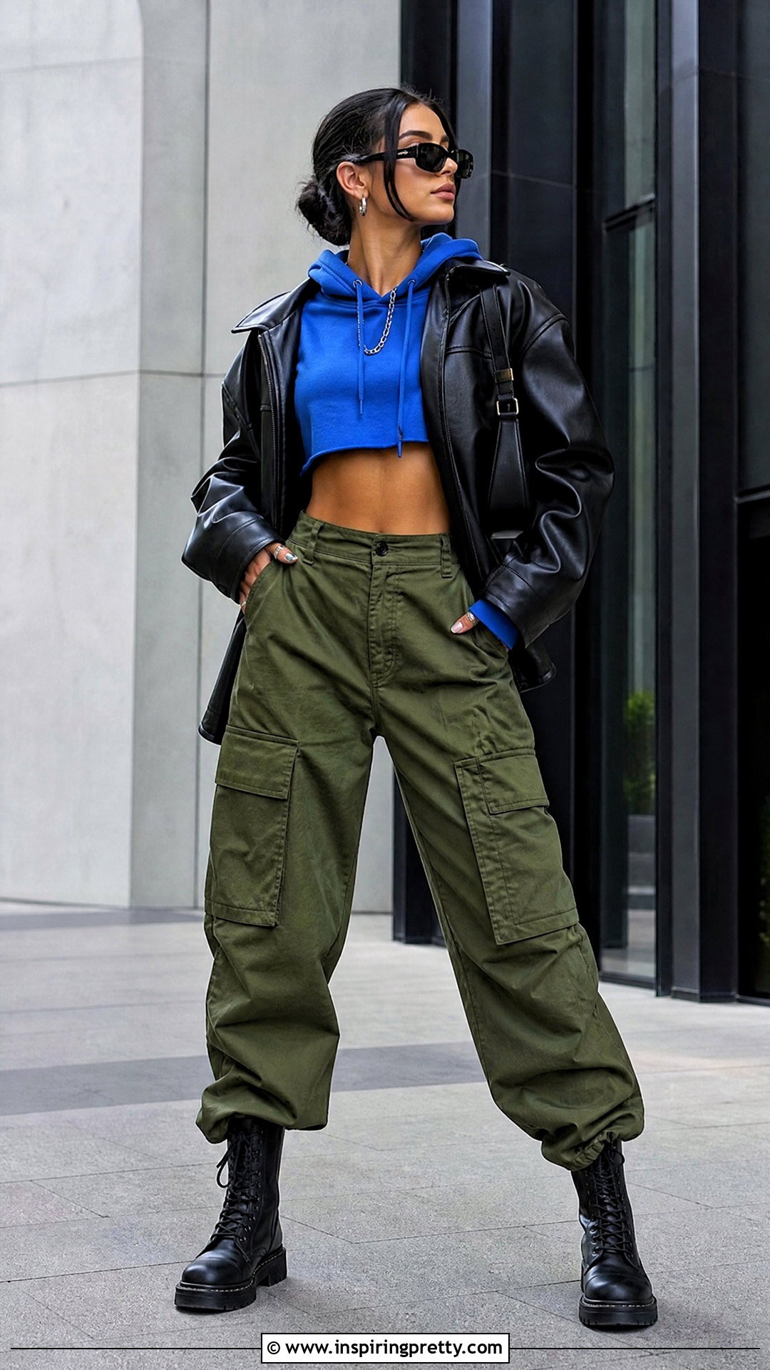 Blue Crop Hoodie With Black Jacket And Cargo Pants - 25 blue crop top hoodie outfit ideas